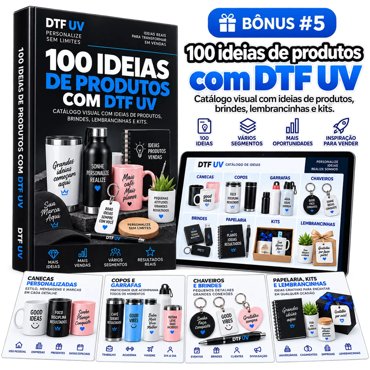 100 ideias de produtos com DTF UV incluídas como bônus